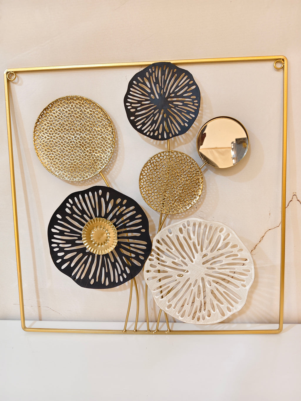 Luxury 3D Lotus Discs & Mirror Metal Wall Art Frame