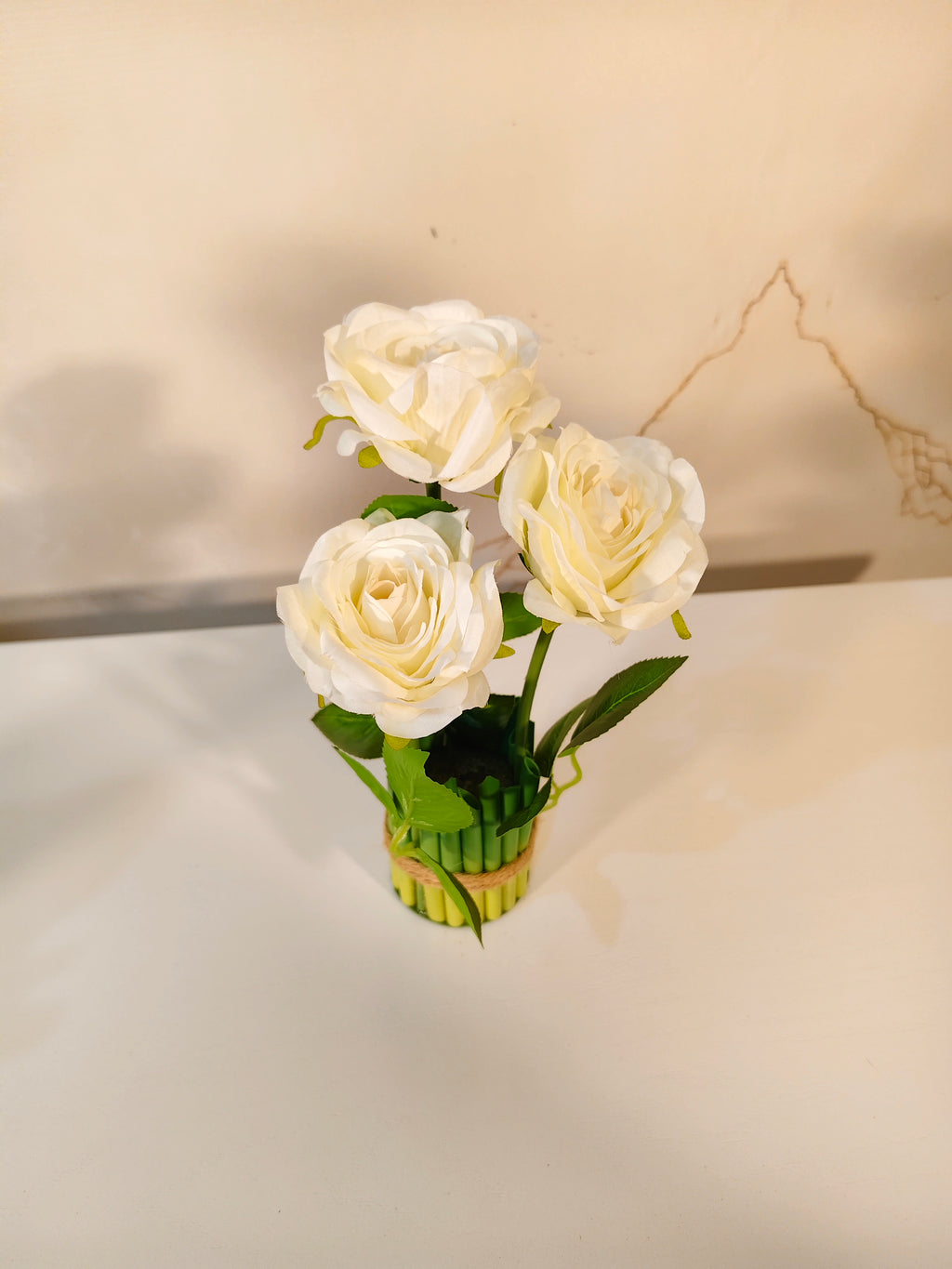 Mini Artificial Pink Rose Bunch in Bamboo-Style Pot