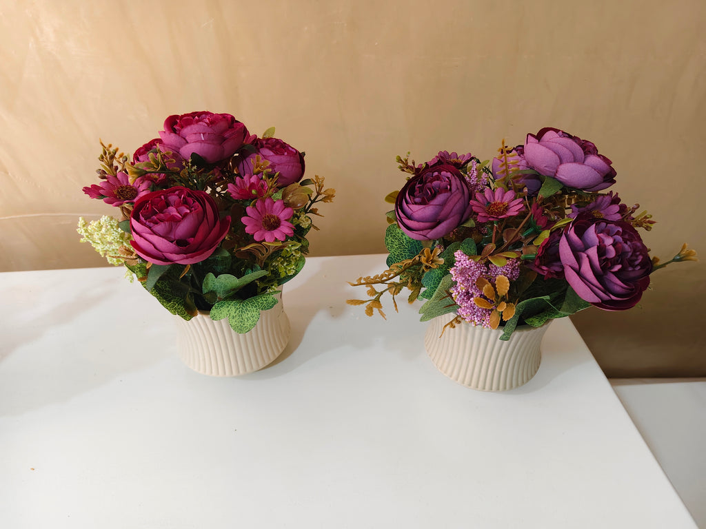 Luxury Artificial Peony & Daisy Bouquet in Ribbed Ceramic Pot