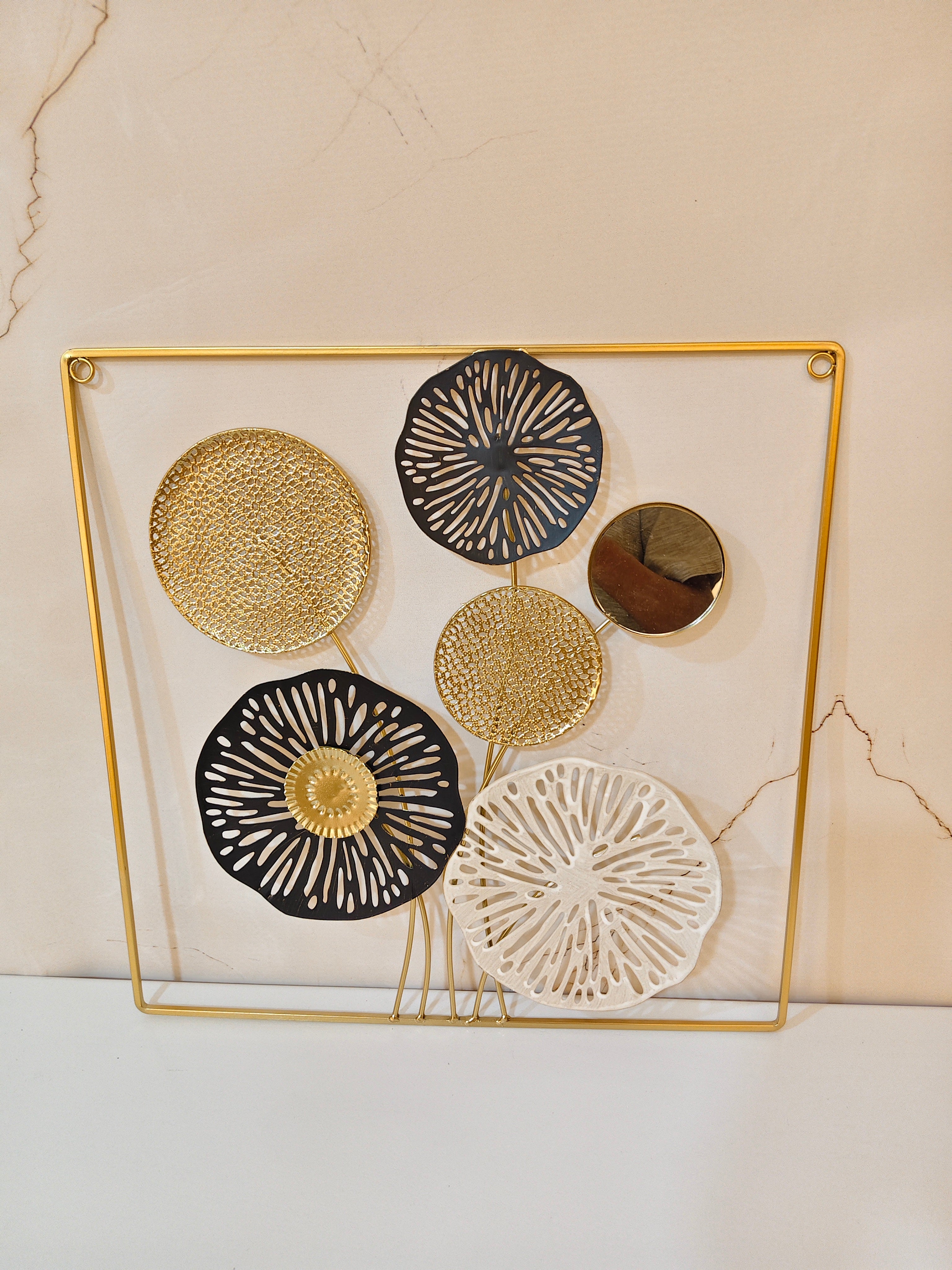 Luxury 3D Lotus Discs & Mirror Metal Wall Art Frame