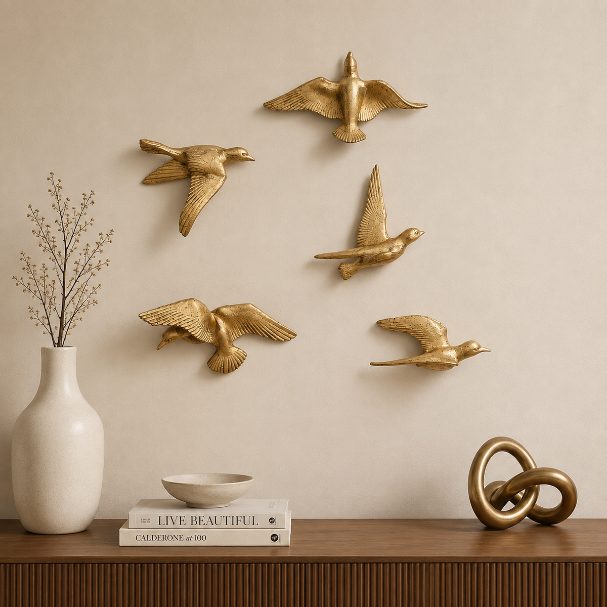 Luxury 3D Golden Flying Birds Metal Wall Sculpture (Set of 5)