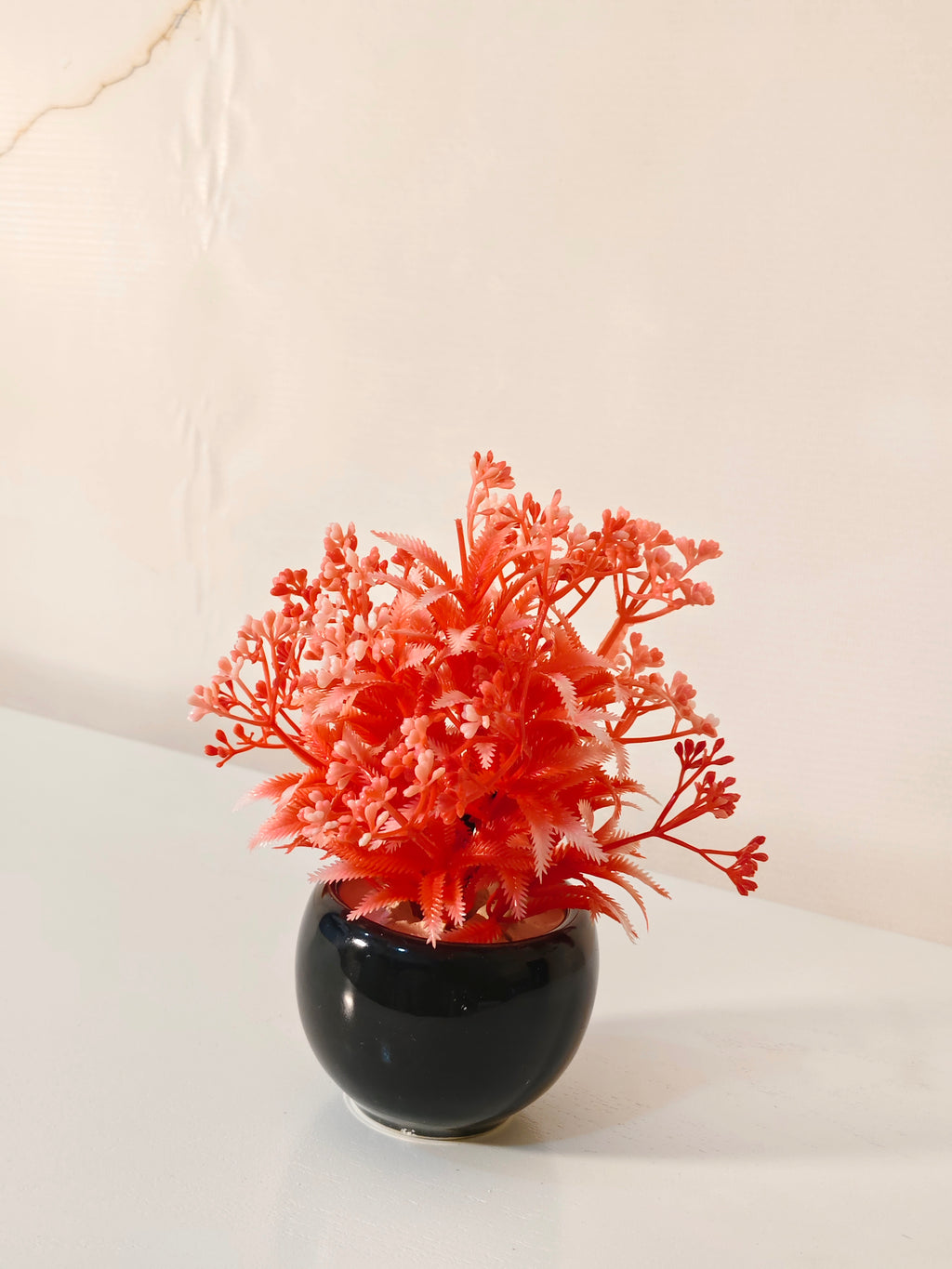 Mini Decorative Artificial Plant in Glossy Black Ceramic Pot