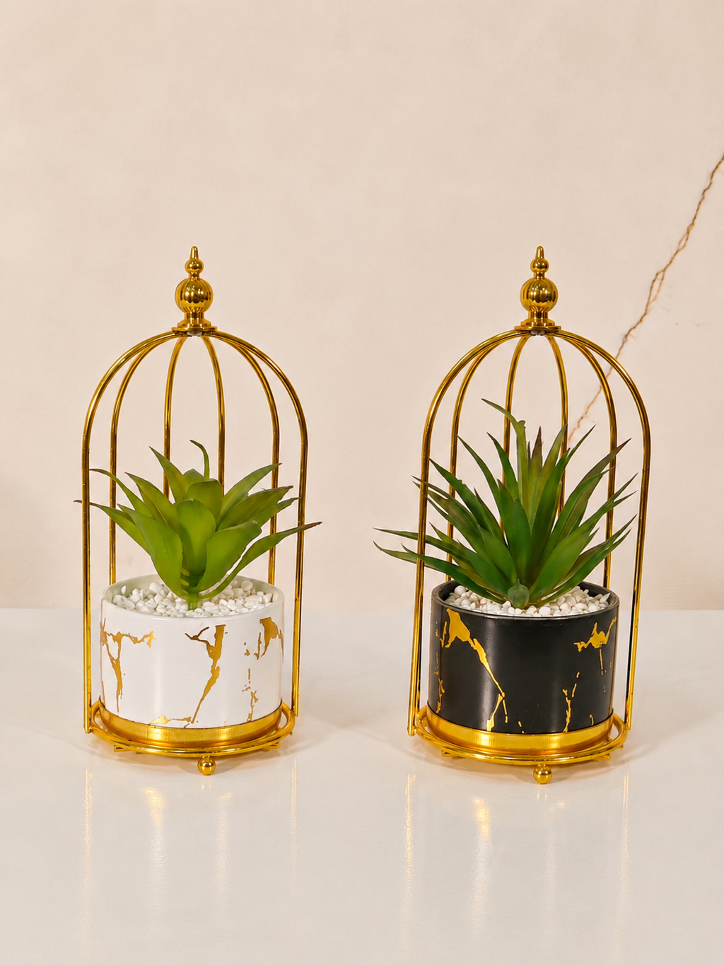 Luxury Golden Birdcage Planter Stand with Marble Pot