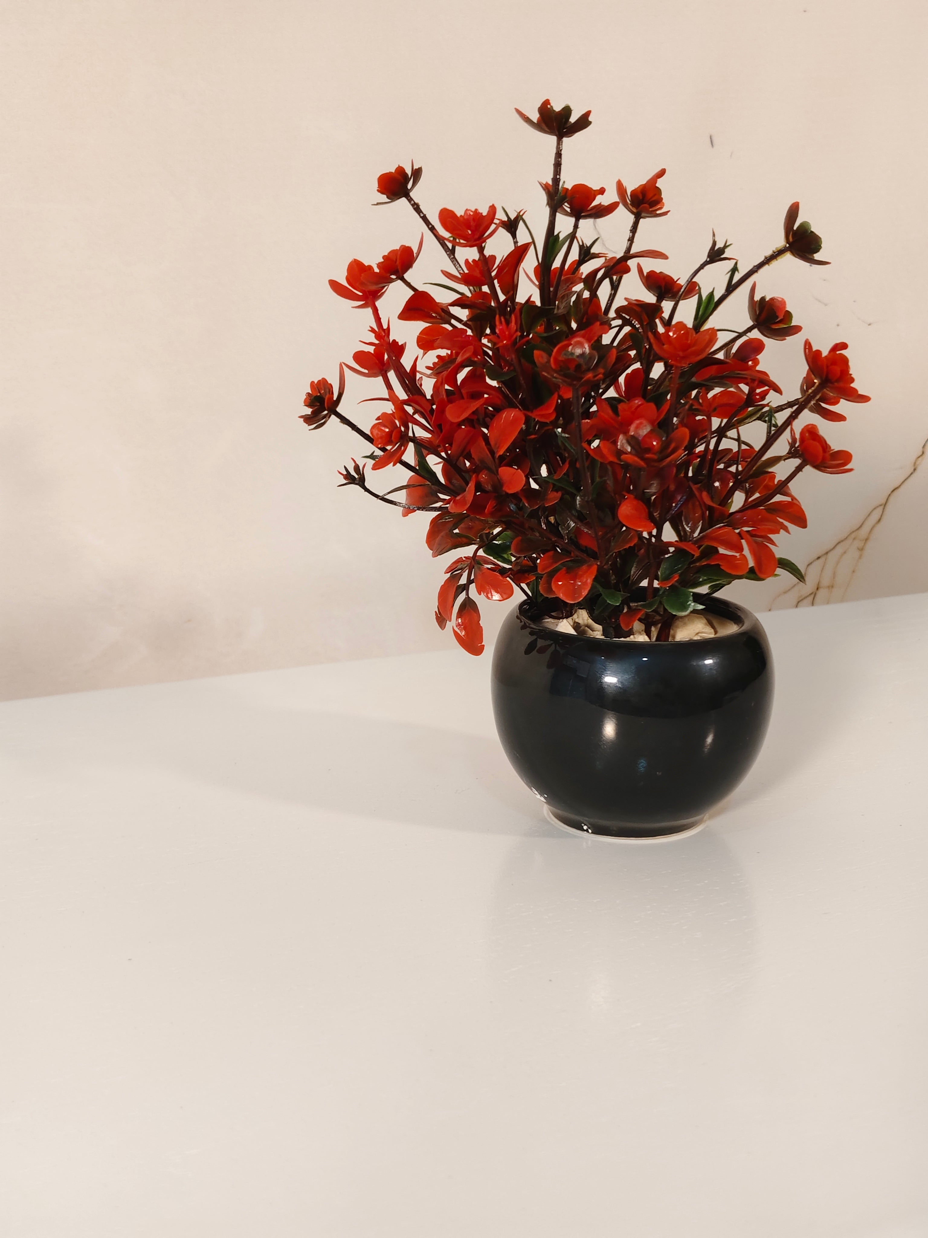 Mini Decorative Artificial Plant in Glossy Black Ceramic Pot