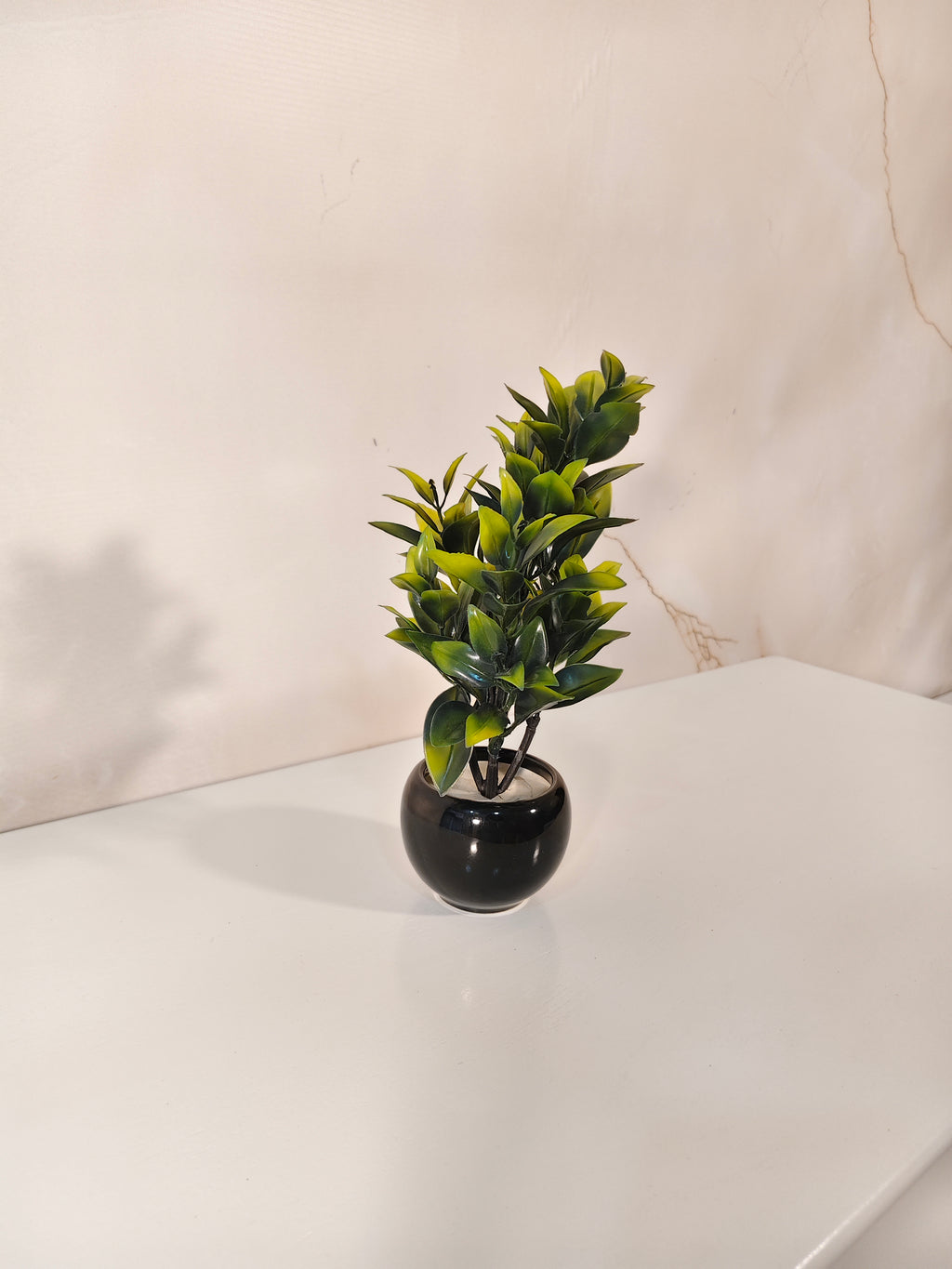 Mini Decorative Artificial Plant in Glossy Black Ceramic Pot