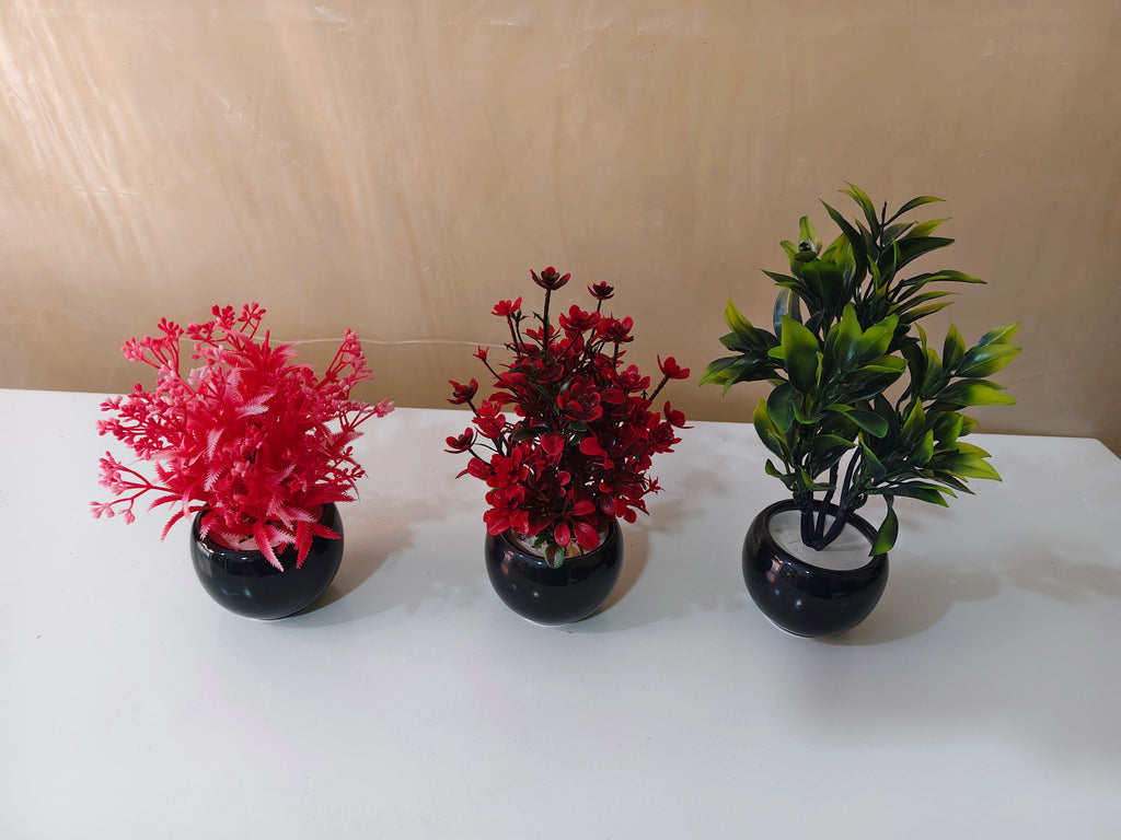 Mini Decorative Artificial Plant in Glossy Black Ceramic Pot