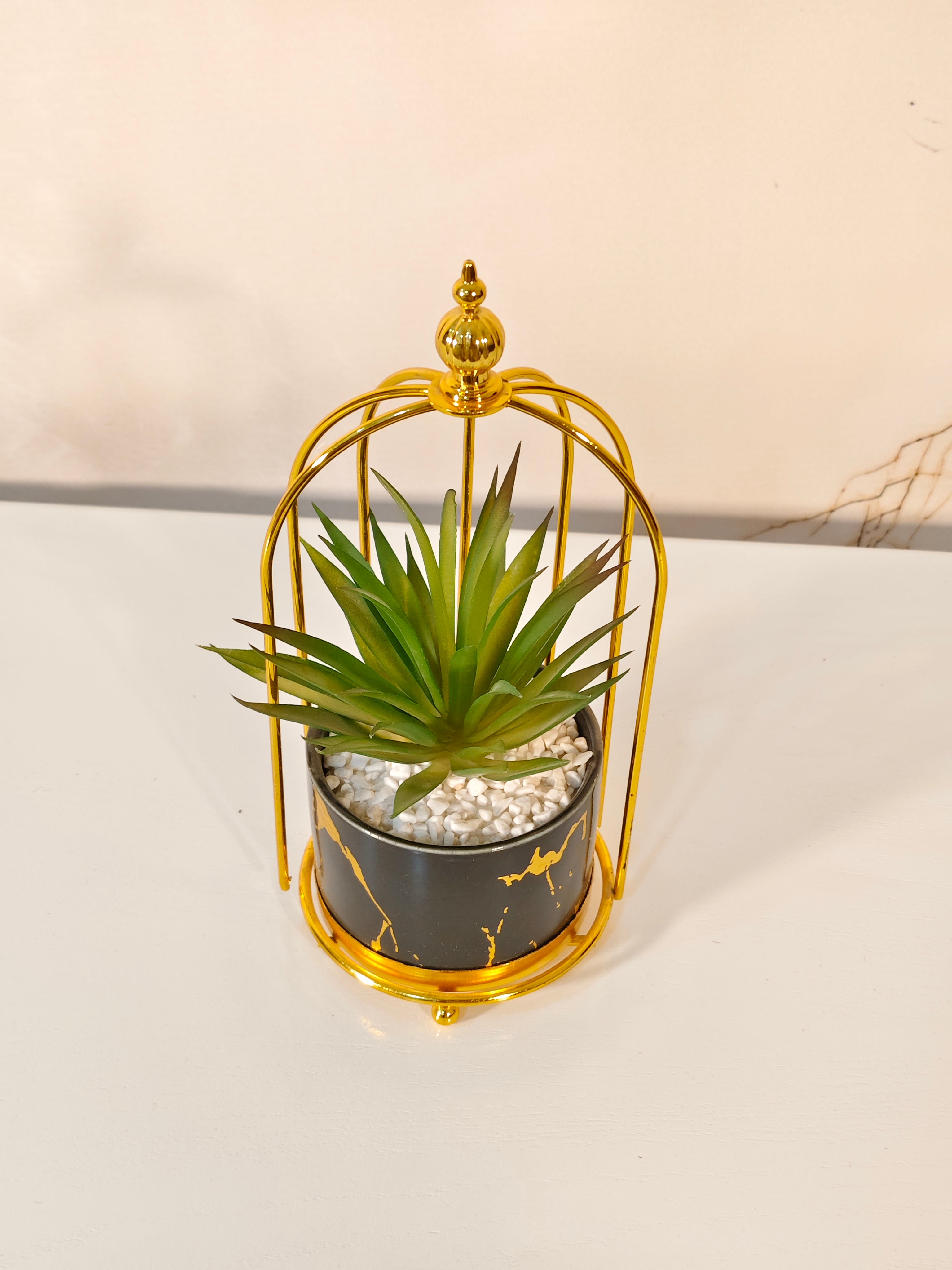 Luxury Golden Birdcage Planter Stand with Marble Pot