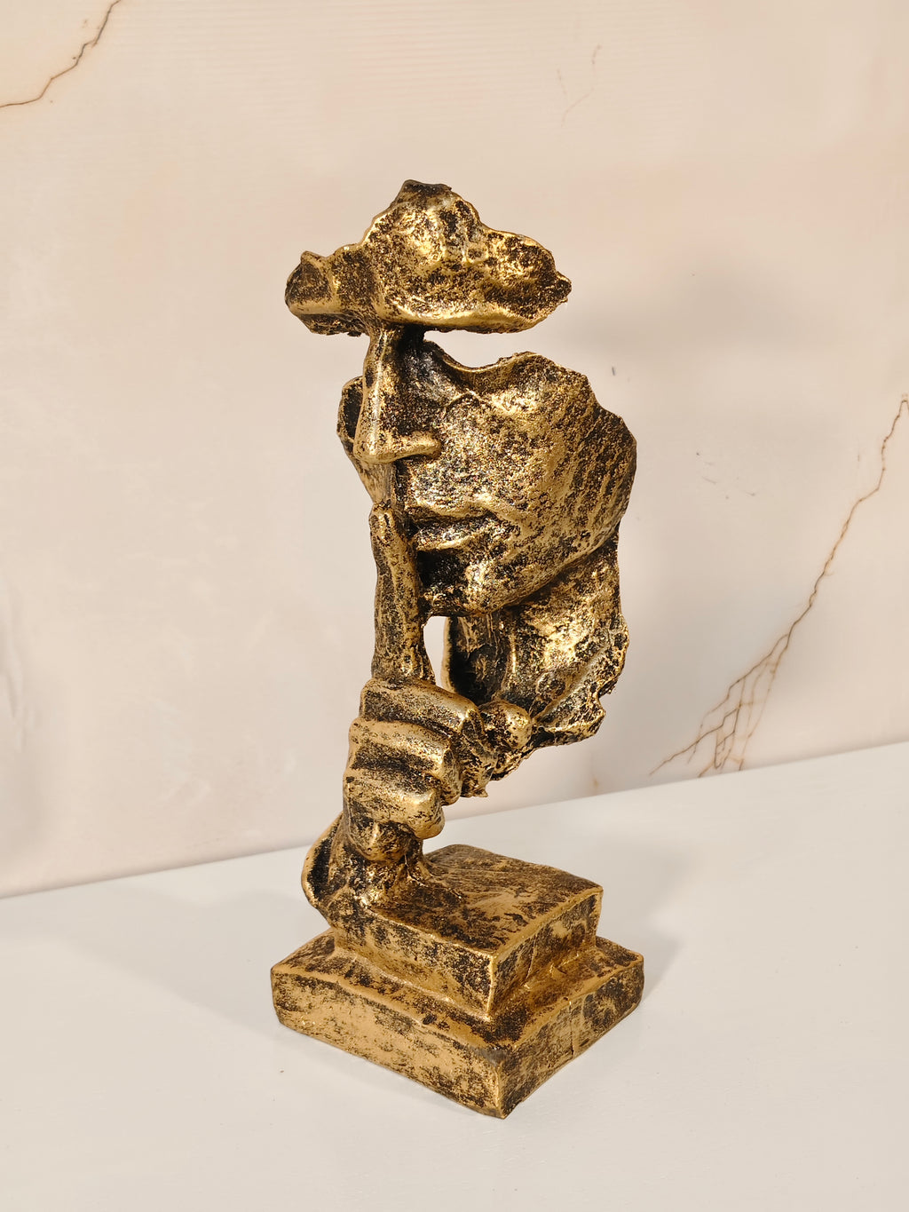 Antique Gold Silence Is Golden Figurine – Modern Abstract Face Sculpture