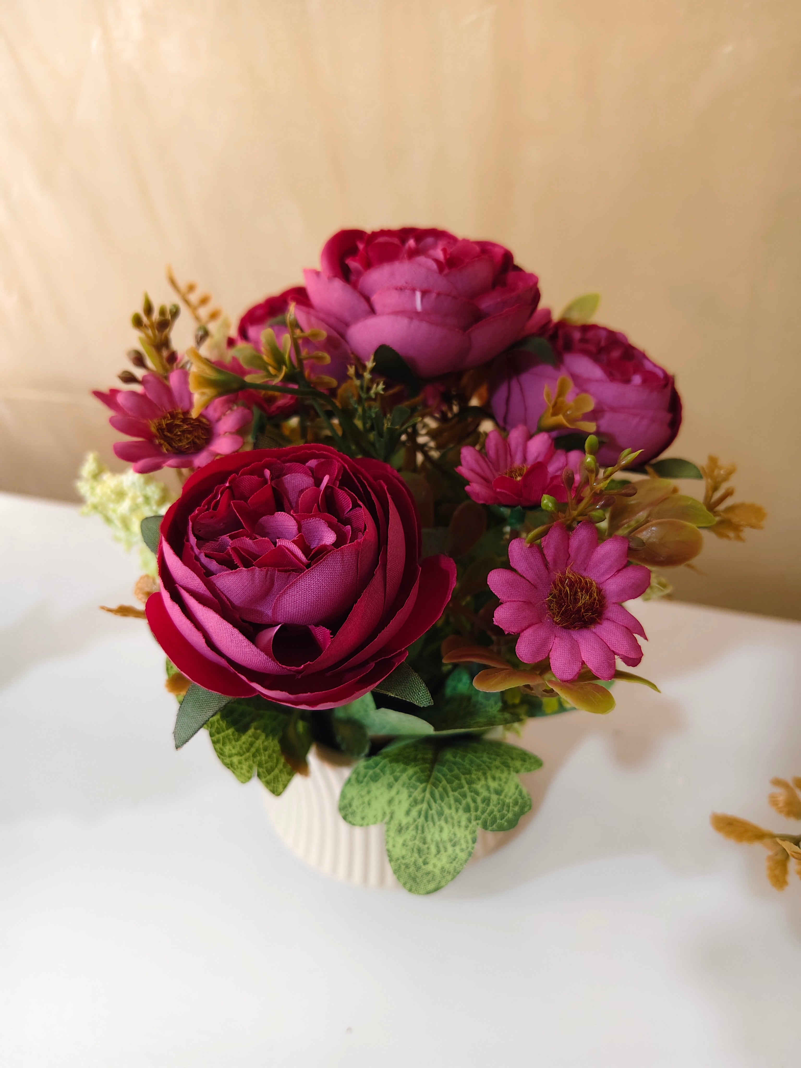 Luxury Artificial Peony & Daisy Bouquet in Ribbed Ceramic Pot