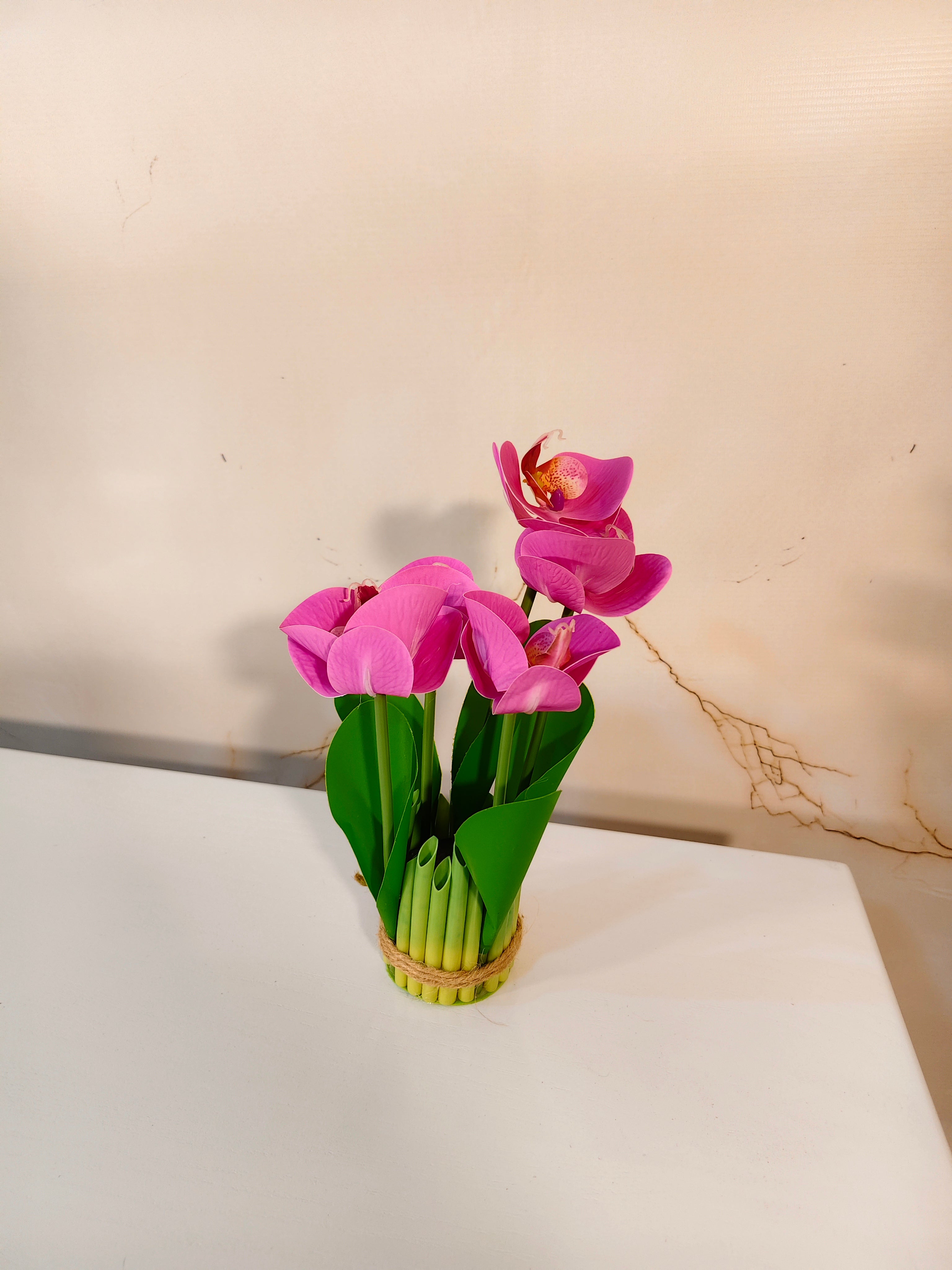 Mini Artificial Pink Rose Bunch in Bamboo-Style Pot