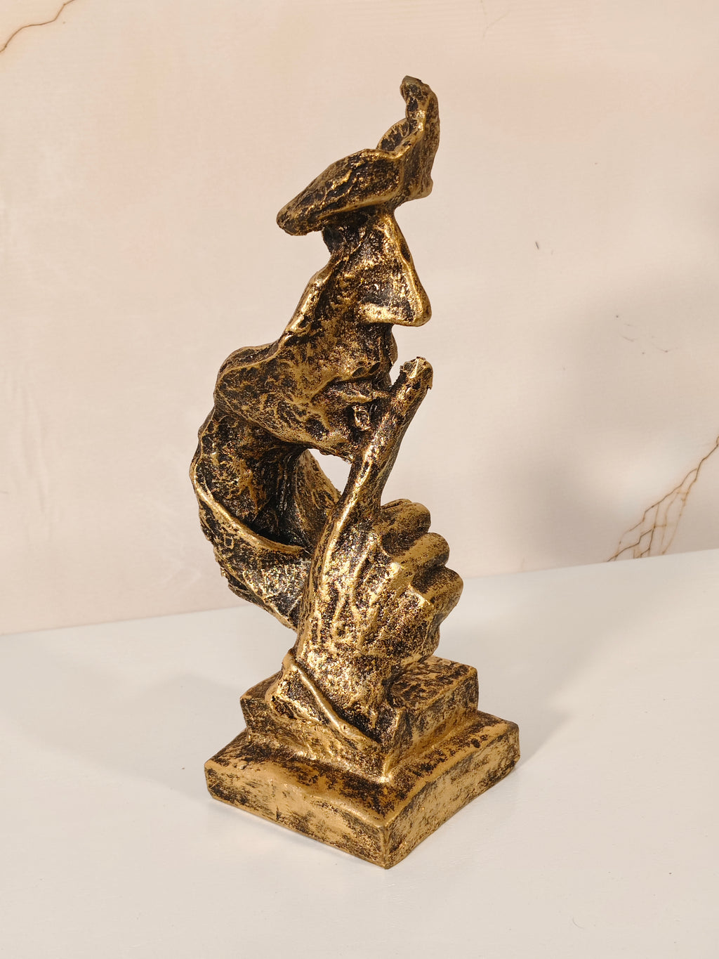 Antique Gold Silence Is Golden Figurine – Modern Abstract Face Sculpture