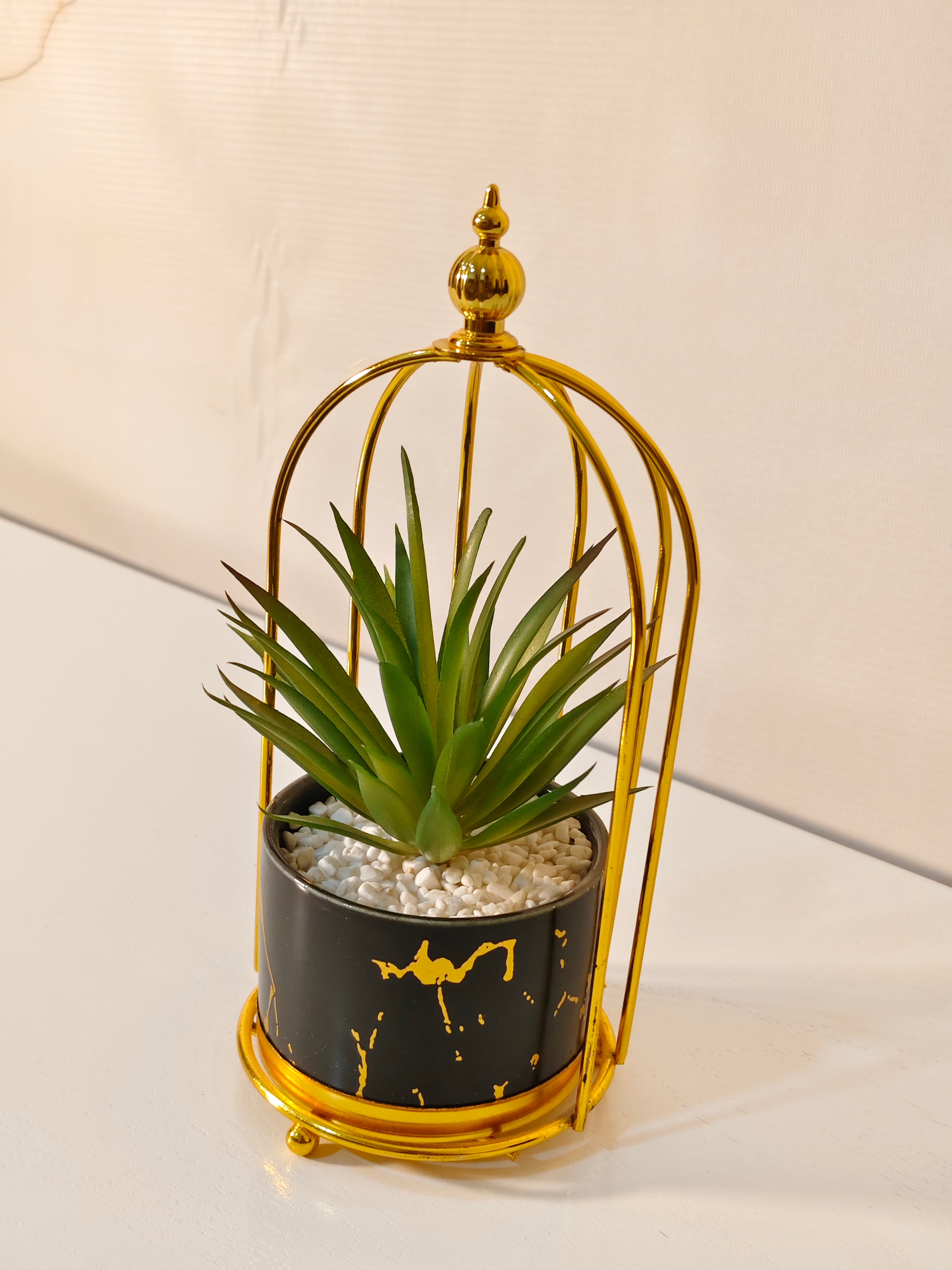 Luxury Golden Birdcage Planter Stand with Marble Pot