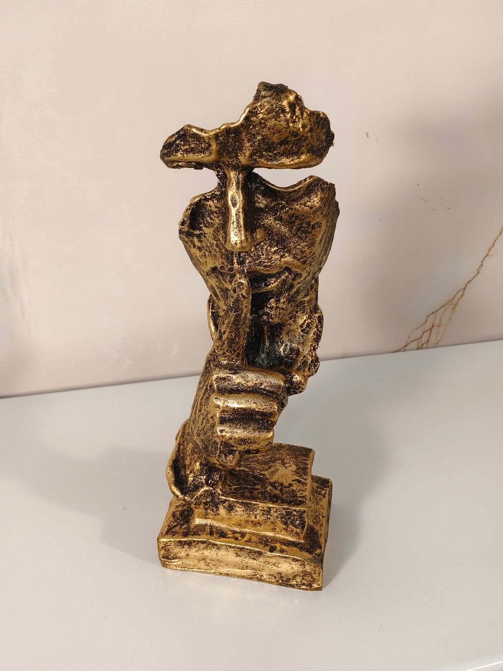 Antique Gold Silence Is Golden Figurine – Modern Abstract Face Sculpture