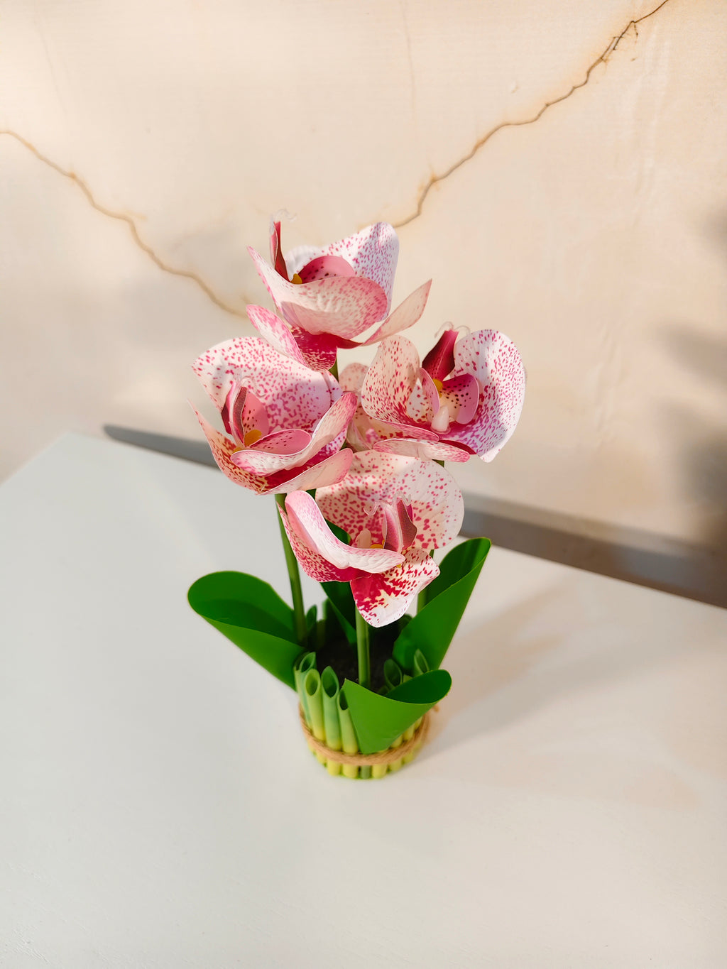 Mini Artificial Pink Rose Bunch in Bamboo-Style Pot