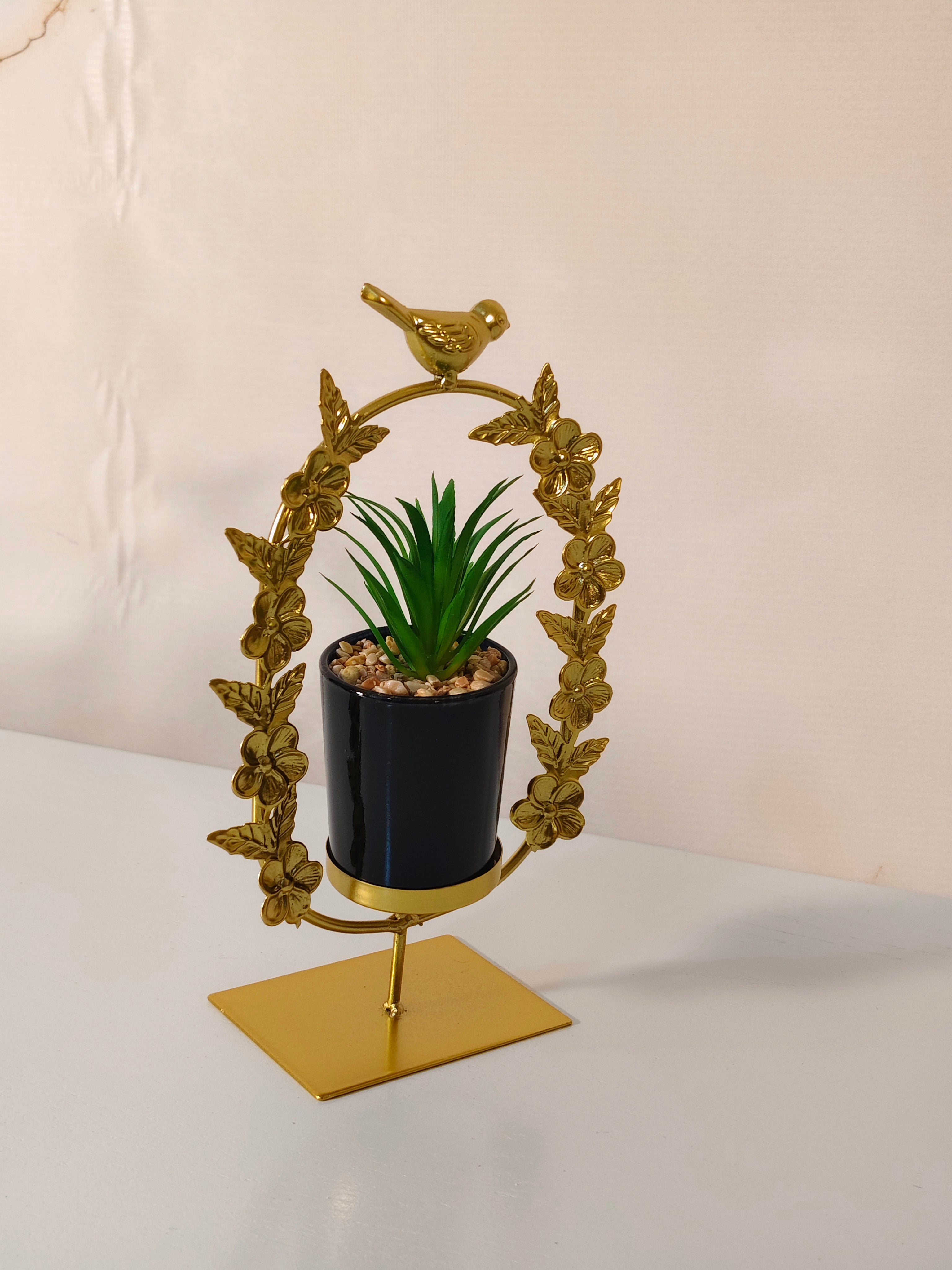 Luxury Golden Floral Oval Wreath Planter Stand with Bird
