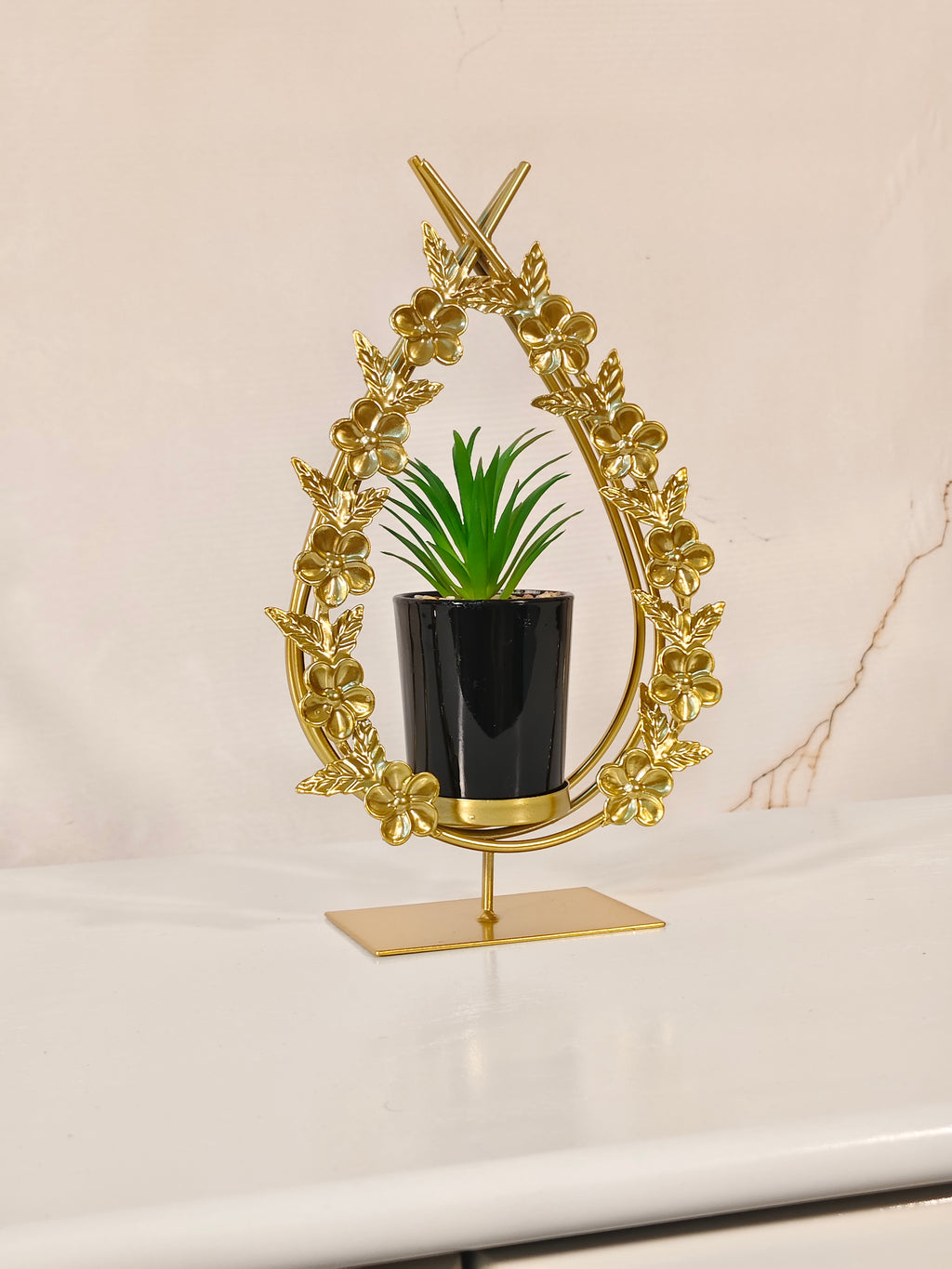 Luxury Golden Floral Teardrop Planter Stand with Mini Succulent