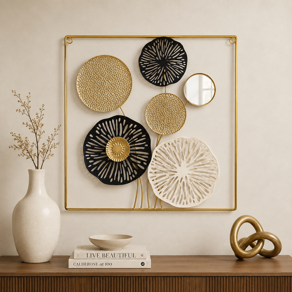 Luxury 3D Lotus Discs & Mirror Metal Wall Art Frame