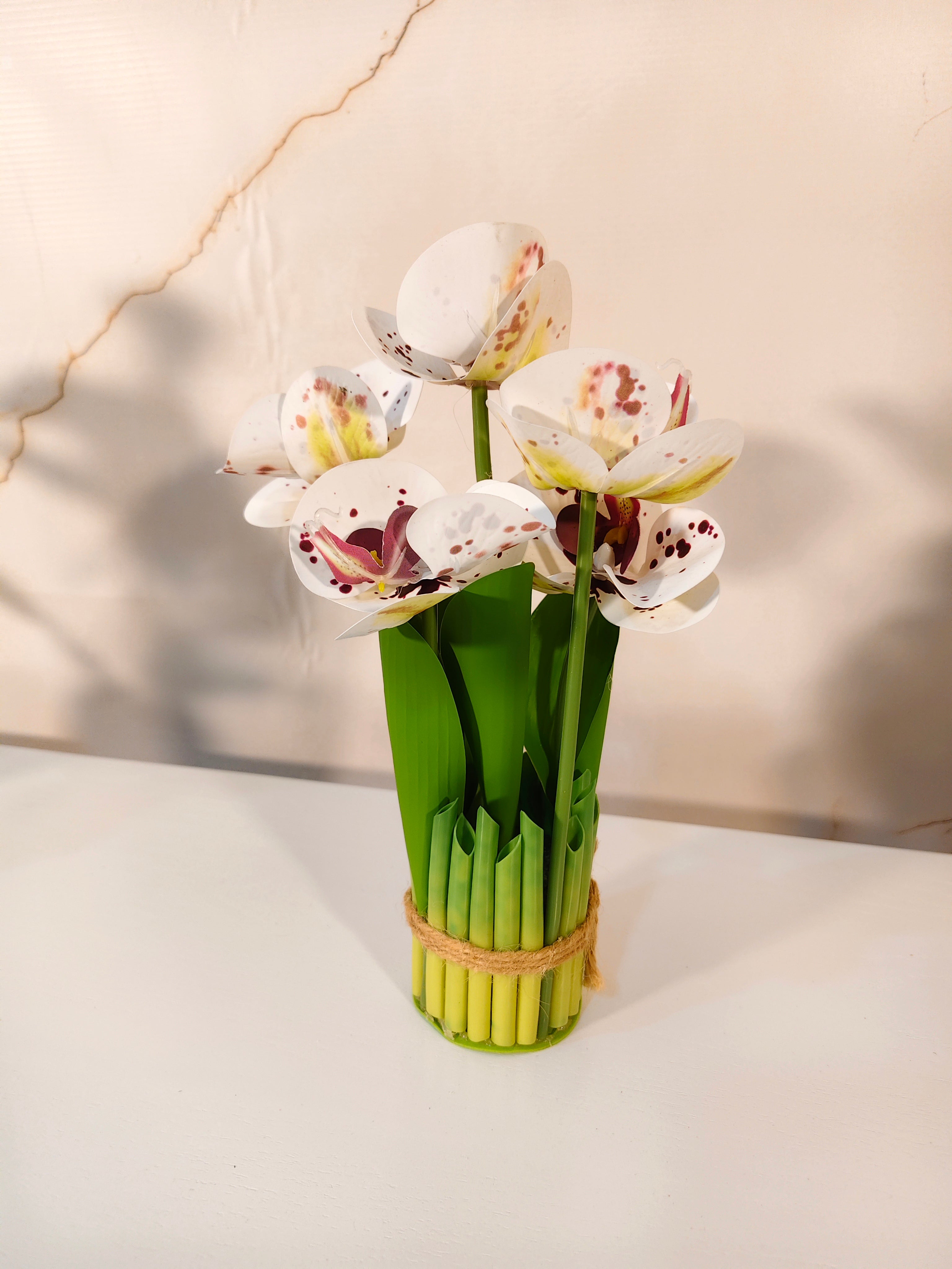 Mini Artificial Pink Rose Bunch in Bamboo-Style Pot