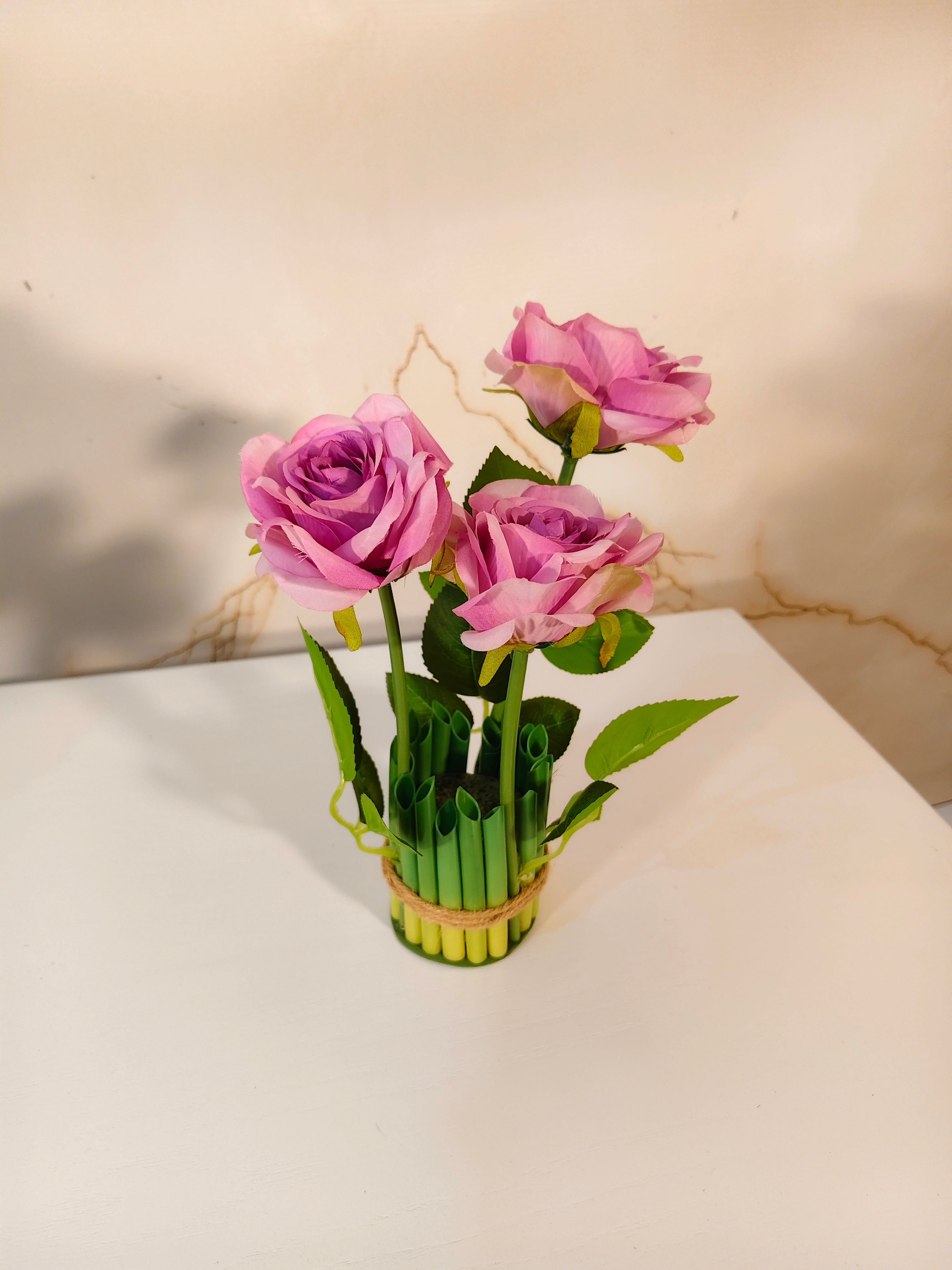 Mini Artificial Pink Rose Bunch in Bamboo-Style Pot