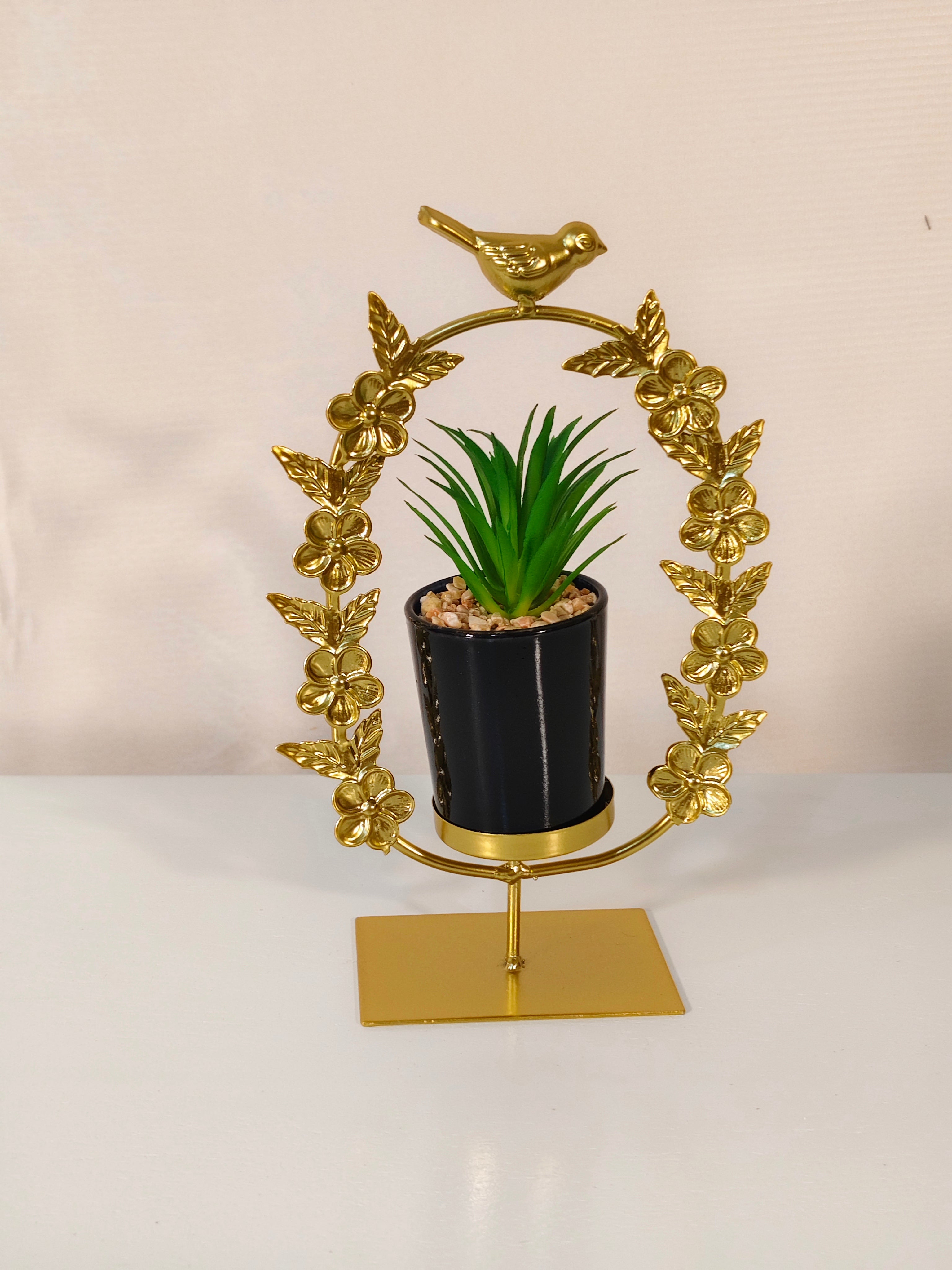 Luxury Golden Floral Oval Wreath Planter Stand with Bird