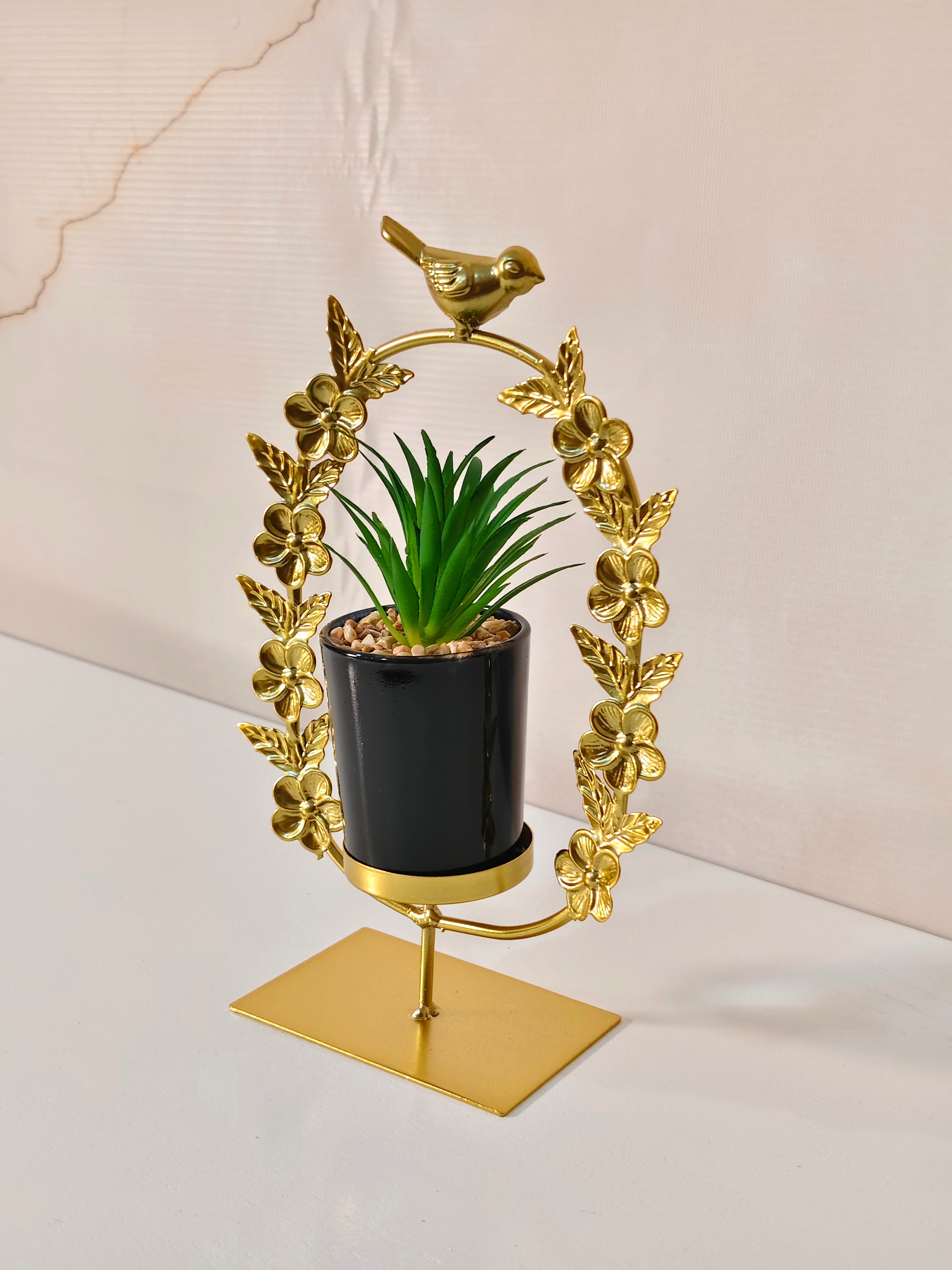 Luxury Golden Floral Oval Wreath Planter Stand with Bird
