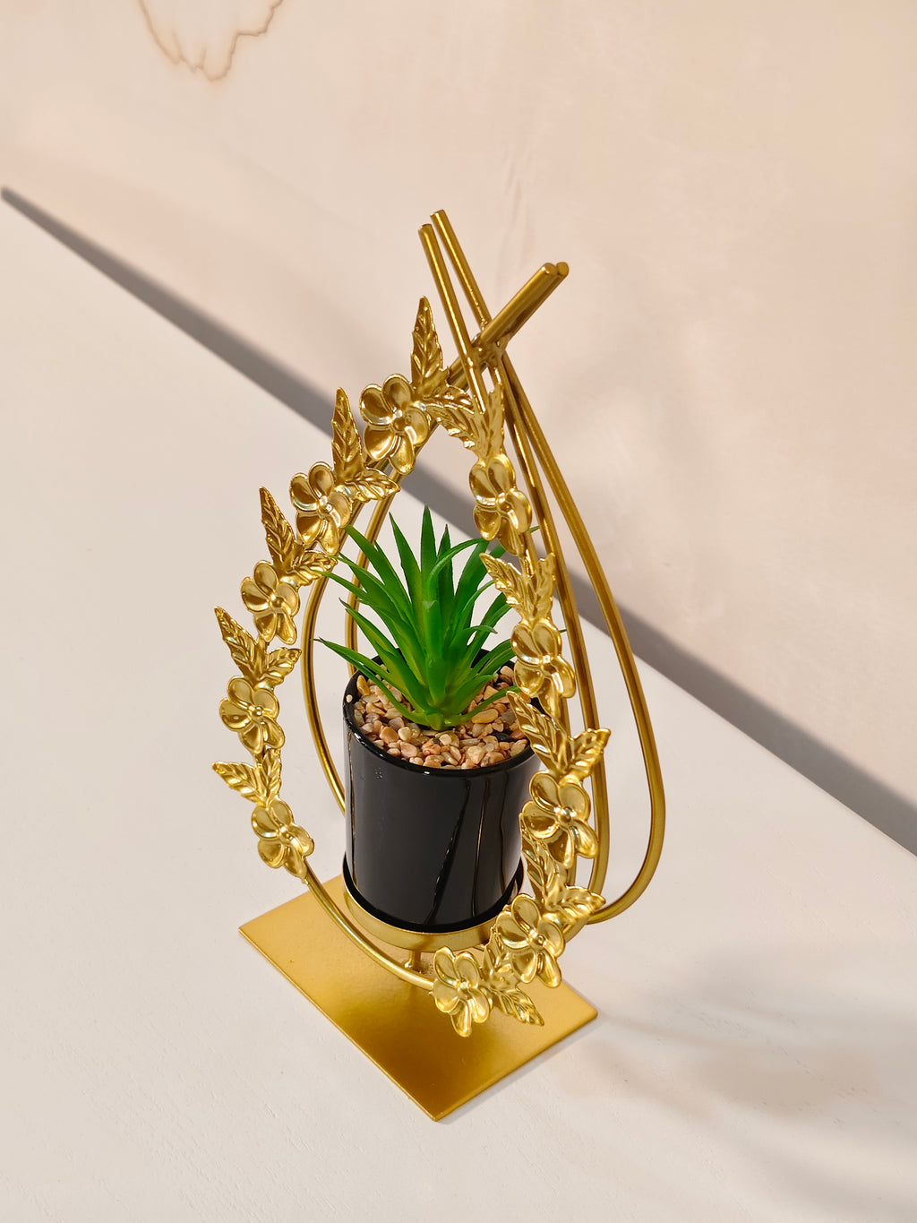 Luxury Golden Floral Teardrop Planter Stand with Mini Succulent