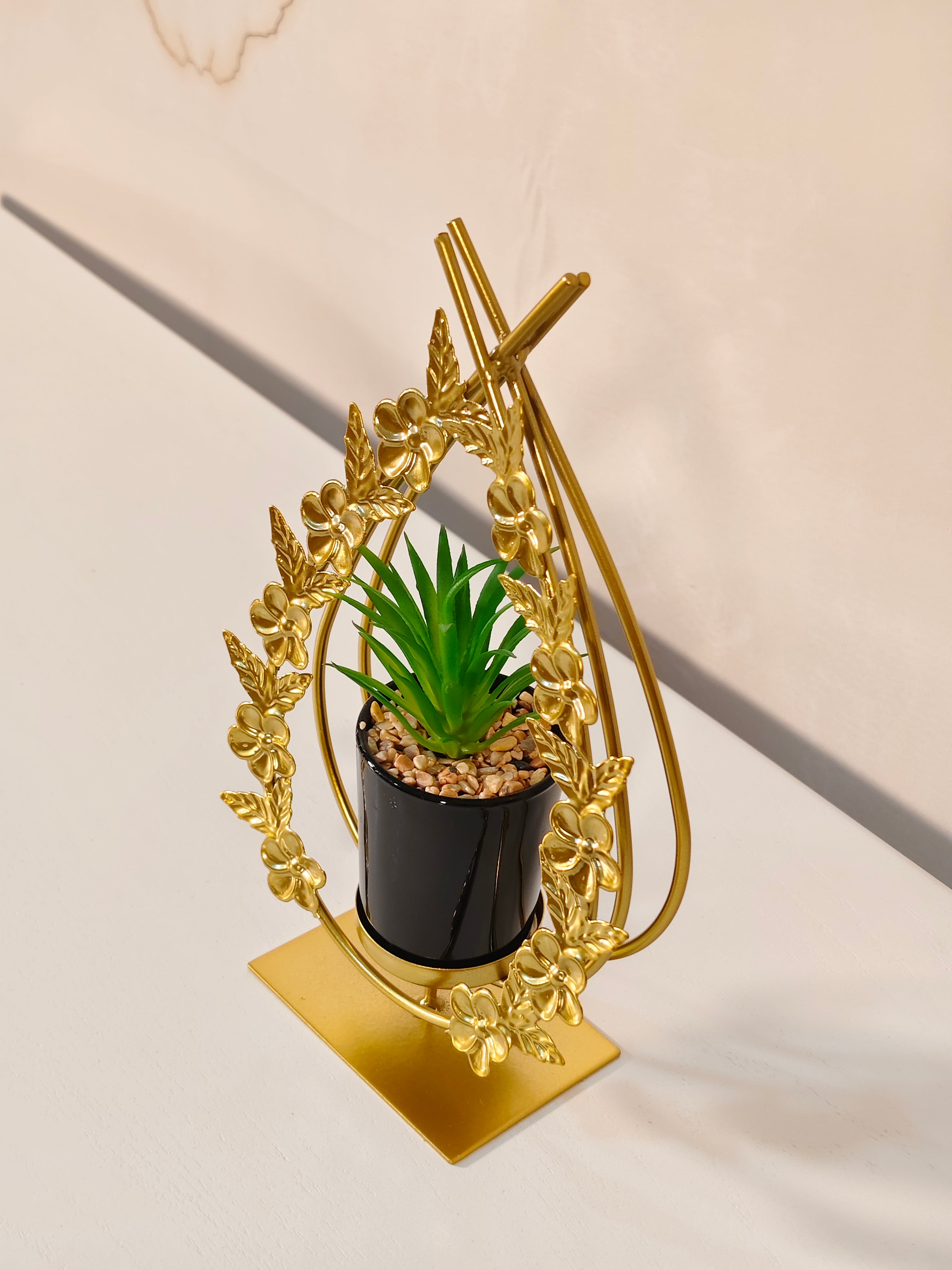 Luxury Golden Floral Teardrop Planter Stand with Mini Succulent