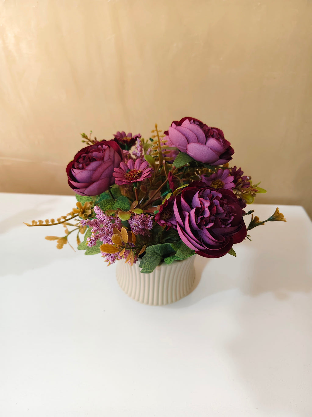Luxury Artificial Peony & Daisy Bouquet in Ribbed Ceramic Pot
