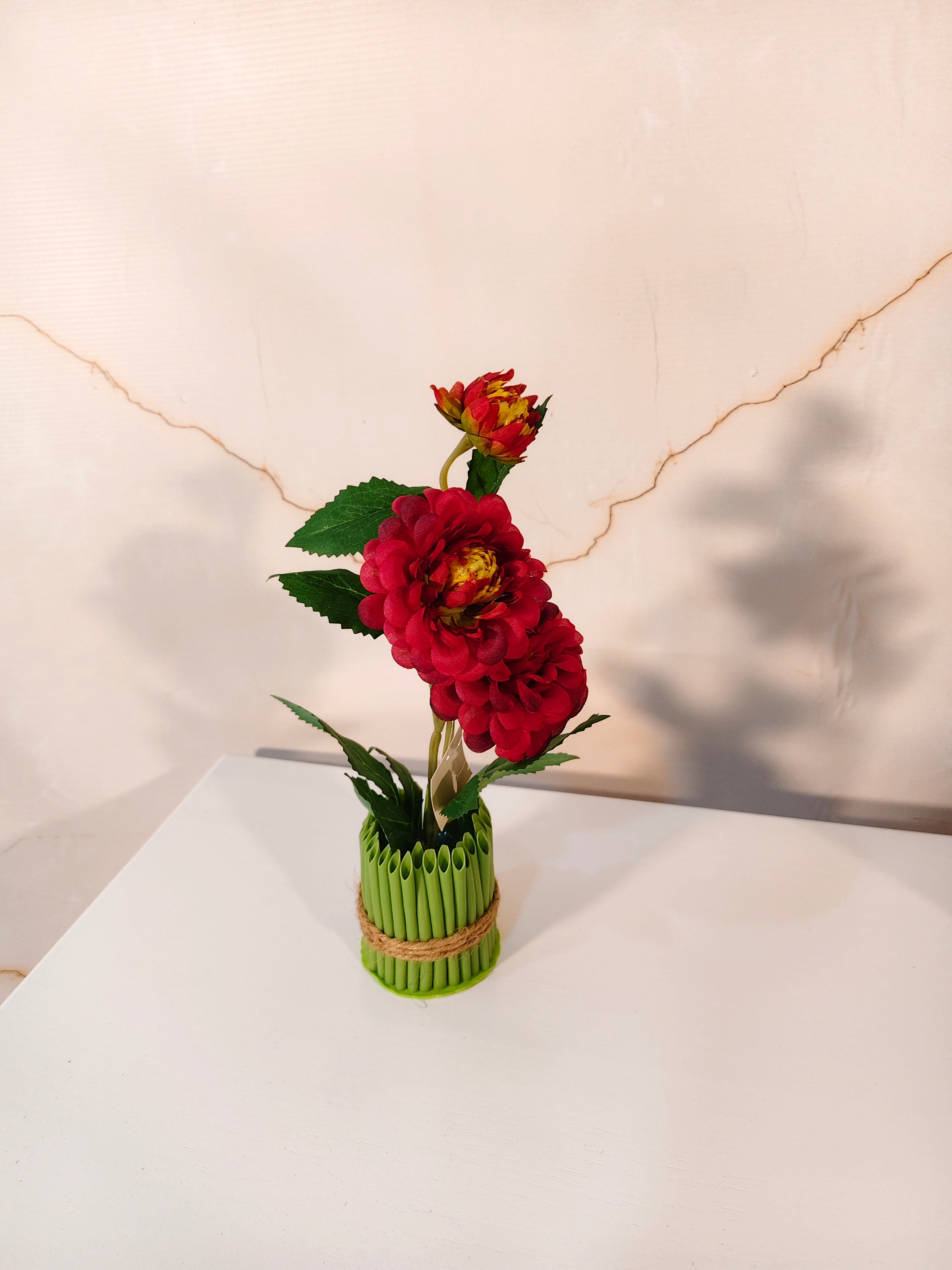 Mini Artificial Pink Rose Bunch in Bamboo-Style Pot