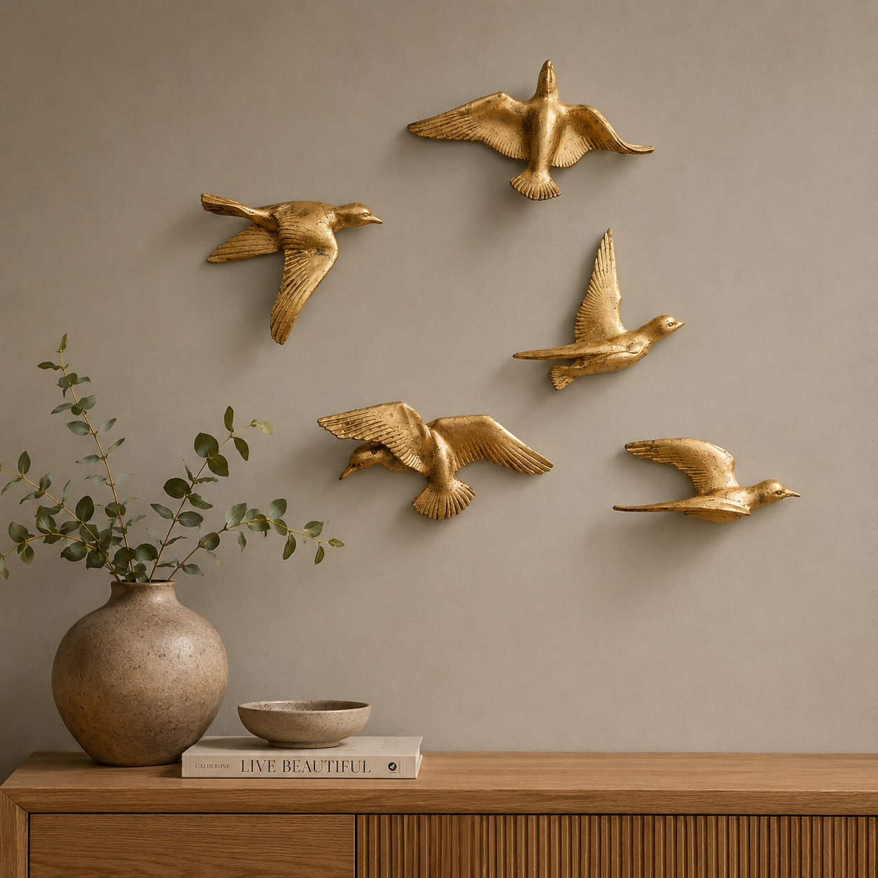 Luxury 3D Golden Flying Birds Metal Wall Sculpture (Set of 5)