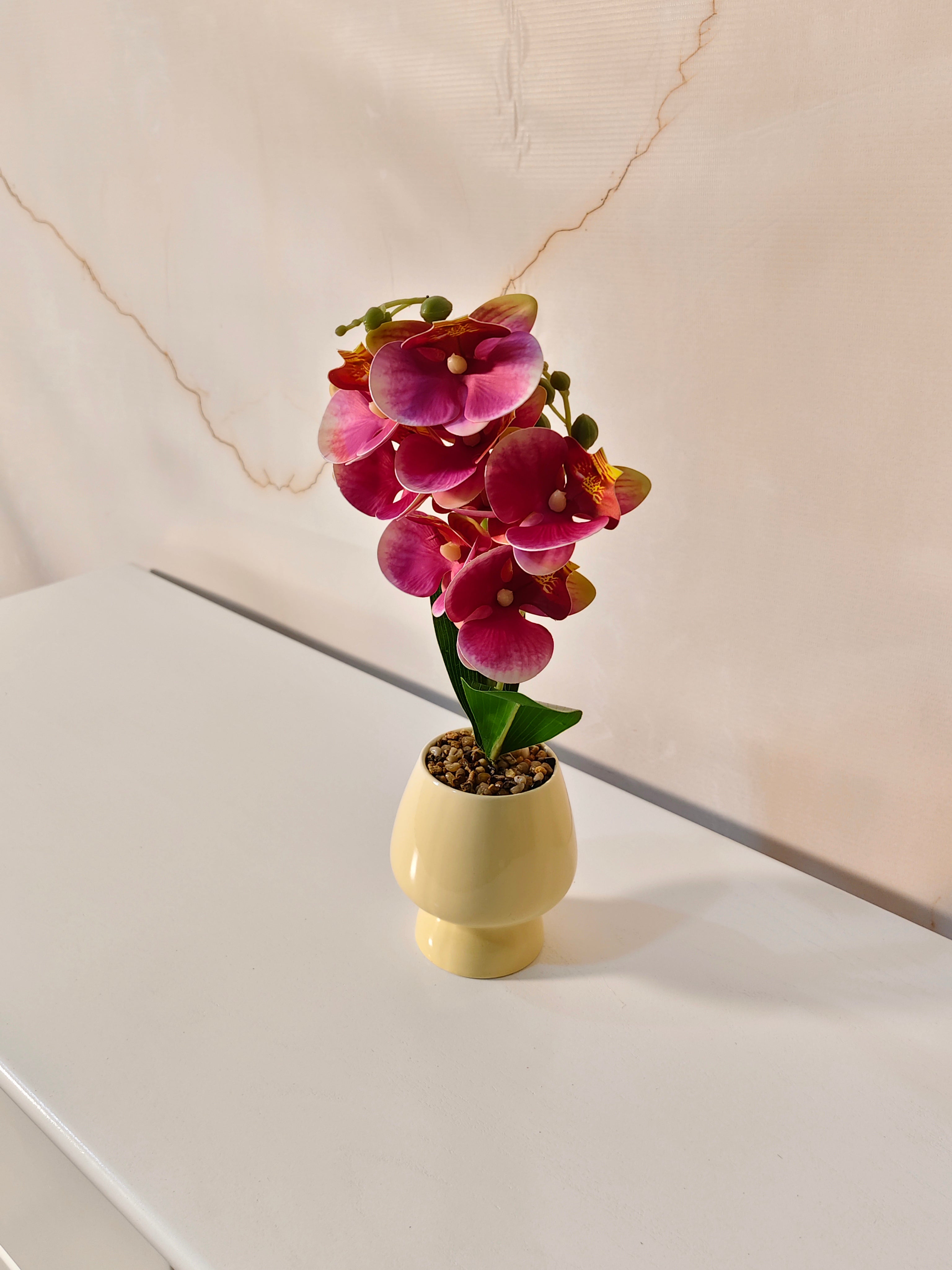 Luxury Premium Artificial Orchid Arrangement in Yellow Ceramic Pot